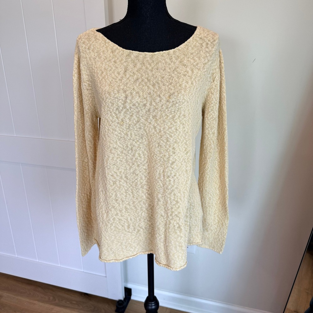 Eileen Fisher Yellow Cotton Blend Knit Scoop Neck Long Sleeve Sweater Women L